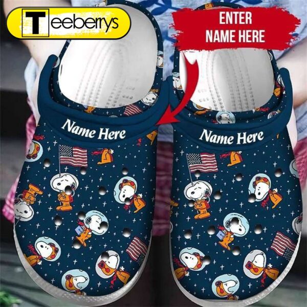 Footwearmerch Custom Name Snoopy Astronaut Usa Flag Puzzle Pieces  Crocband Clog Shoes