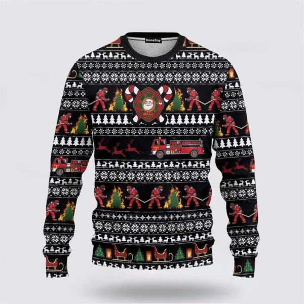 3D Santa Village Firefighter Ugly Sweater