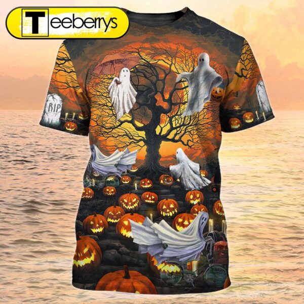 3D All Over Print Ghost And Pumpkin Halloween Shirt Ghost Flying Halloween Tshirt