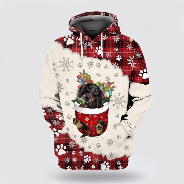 Black Dachshund In Snow Pocket Merry Christmas All Over Print 3D Hoodie