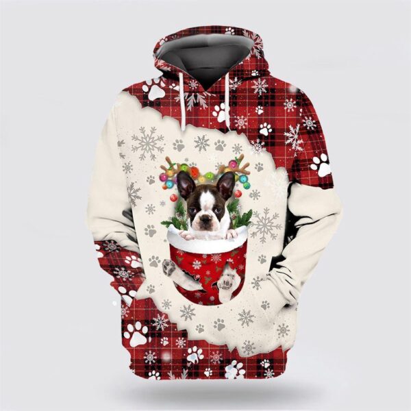 Brindle Boston Terrier In Snow Pocket Merry Christmas All Over Print 3D Hoodie