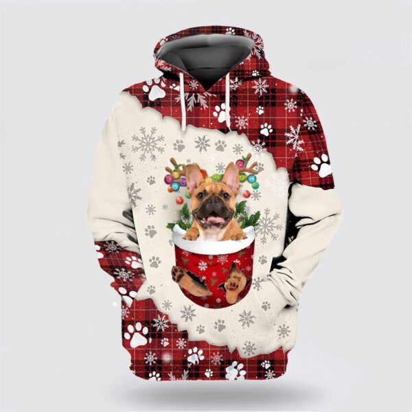 Brown French Bulldog In Snow Pocket Merry Christmas All Over Print 3D Hoodie