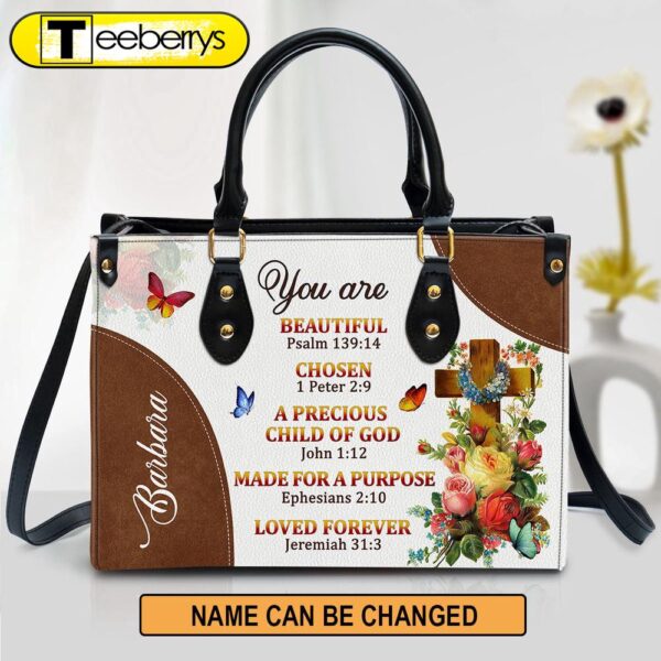 A Precious Child Of God Personalized Leather Handbag For Women Roses And Cross