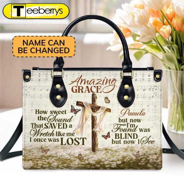 Amazing Grace Cross  Personalized Leather Handbag With Zipper – Inspirational Gift Christian Ladies