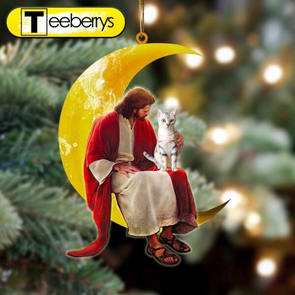 American Shorthair And Jesus Sitting On The Moon Hanging Christmas Ornament