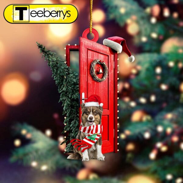 Australian Shepherd Sits By The Red Door Decorated With Christmas Tree Christmas Ornament