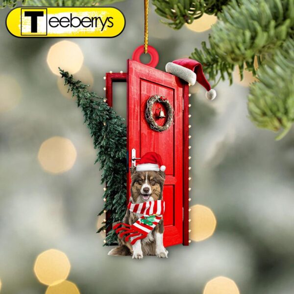 Australian Shepherd Sits By The Red Door Decorated With Christmas Tree Christmas Ornament