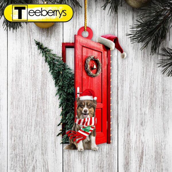 Australian Shepherd Sits By The Red Door Decorated With Christmas Tree Christmas Ornament