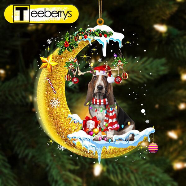 Basset Hound On The Moon Merry Christmas Hanging Christmas Ornament