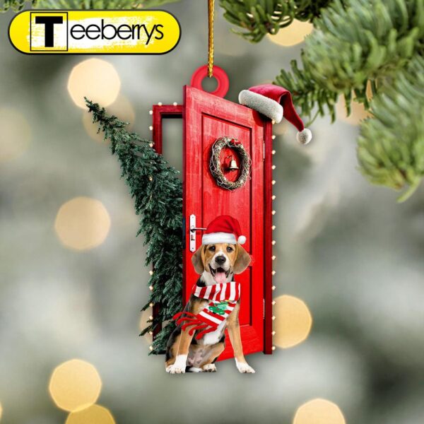 Beagle Sits By The Red Door Decorated With Christmas Tree Christmas Ornament