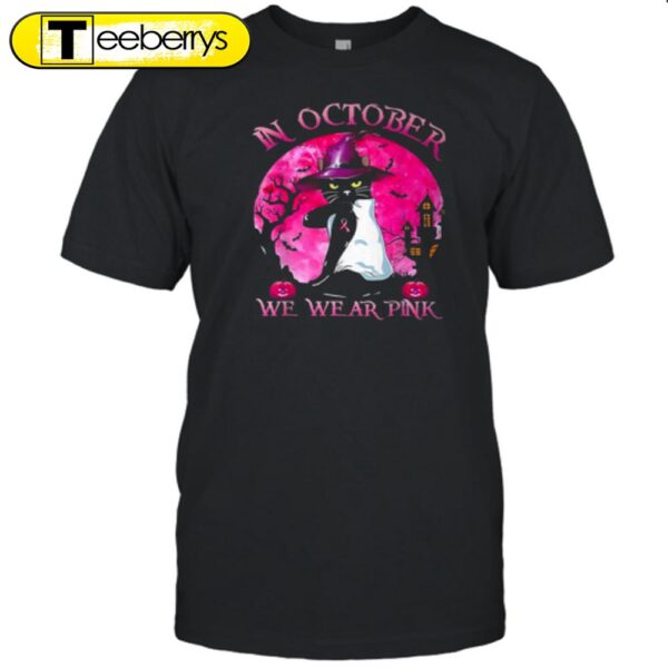 Black Cat Kitten In October We Wear Pink Halloween T-Shirt