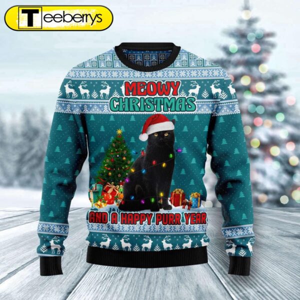 Black Cat Meowy Christmas & Happy Purr Year Ugly Sweater Festive Feline Holiday Apparel