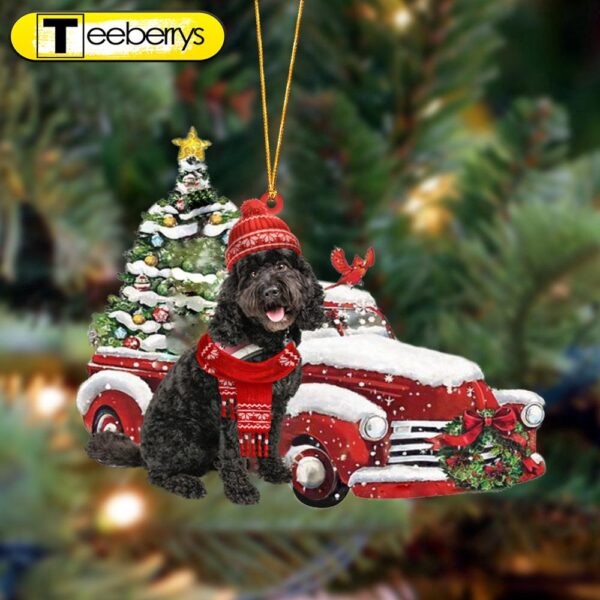 Black Cavapoo-Christmas Car Two Sided Christmas Plastic Hanging Ornament