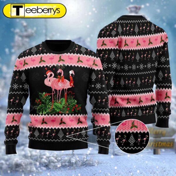 Black Pink Flamingo Jingle Bell In Area Ugly Sweater