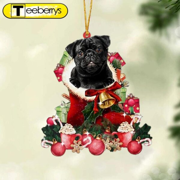 Black Pug-Red Boot Hanging Christmas Plastic Hanging Ornament