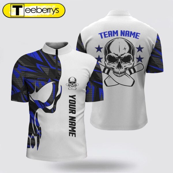 Blue And White Bowling Bowling Jersey Shirts  Custom Name Skull Bowling, Team Bowling Shirts