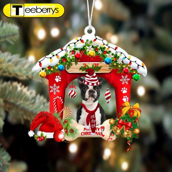 Boston Terrier Christmas House Two Sided Christmas Plastic Hanging Ornament