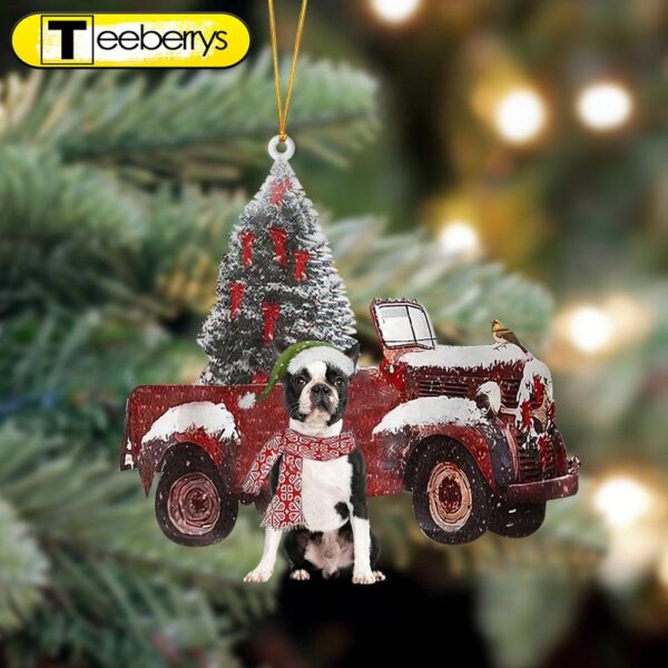 Boston Terrier Christmas Truck Two Sided Christmas Plastic Hanging Ornament