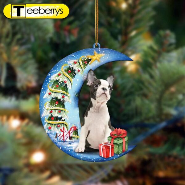 Boston Terrier Sit On The Blue Moon-Two Sided Christmas Plastic Hanging Ornament