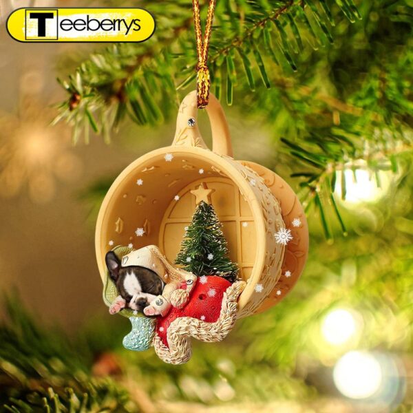 Boston Terrier Sleeping In A Tiny Cup Christmas Holiday-Two Sided Christmas Ornament