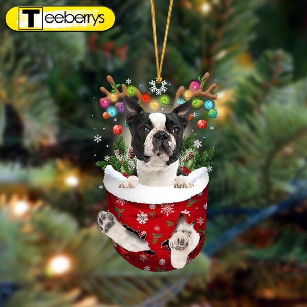 Boston Terrier-In Christmas Pocket Two Sides Christmas Plastic Hanging Ornament