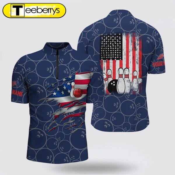 Bowling Jersey Shirts  Custom Blue Vintage American Flag Bowling Jerseys