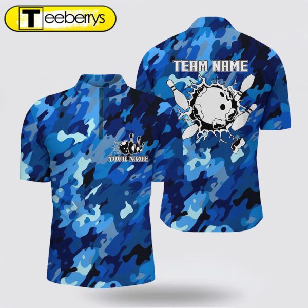 Bowling Jersey Shirts  Custom Bowling Ball And Pins Blue Camo Bowling Team Jersey