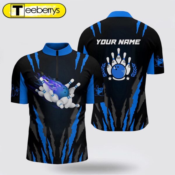 Bowling Jersey Shirts  Custom Name Flame Bowling Ball And Pins Bowling Jerseys Blue