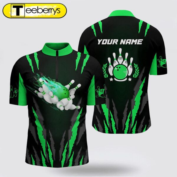 Bowling Jersey Shirts  Custom Name Flame Bowling Ball And Pins Bowling Jerseys Green