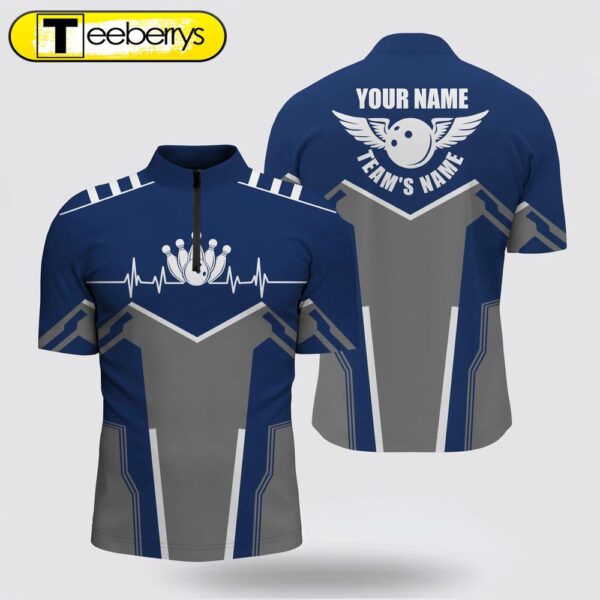 Bowling Shirts  Custom Name, Team Name Bowling Ball & Pins Men Bowling Jersey Shirt Navy Blue