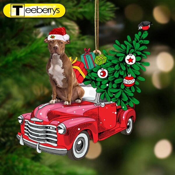 Brown Pitbull-Pine Truck Hanging Christmas Plastic Hanging Ornament