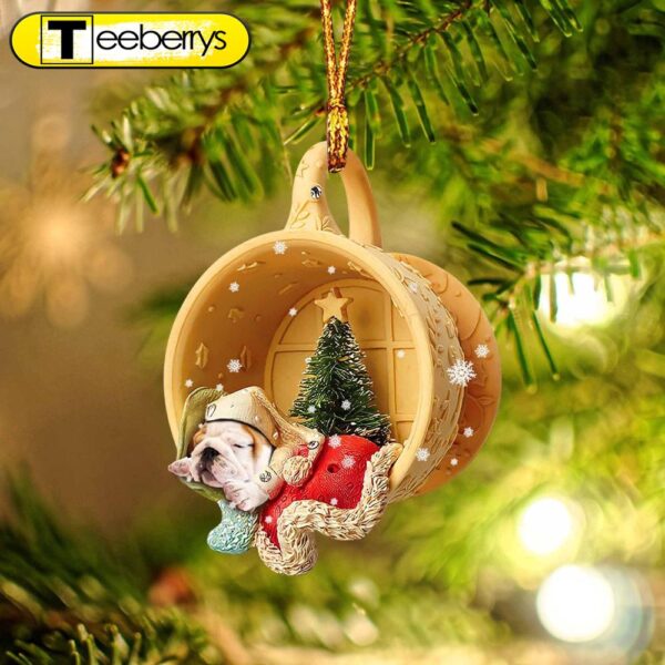 Bulldog Sleeping In A Tiny Cup Christmas Holiday-Two Sided Christmas Plastic Hanging Ornament