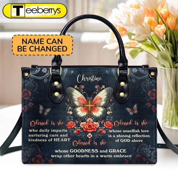 Butterflies Blessed Is She Personalized Leather Handbag – Custom Name Leather Handbags