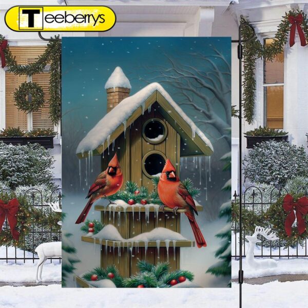 Cardinals At The Snow Capped Birdhouse Christmas Garden Flag