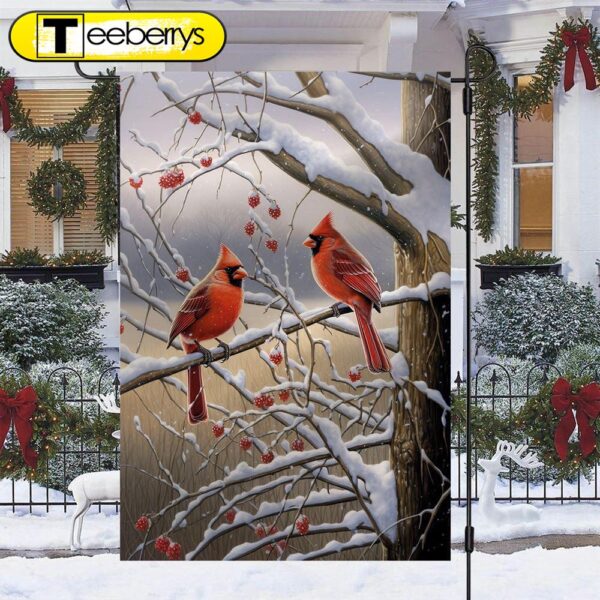 Cardinals On A Berry Laden Branch Christmas Garden Flag