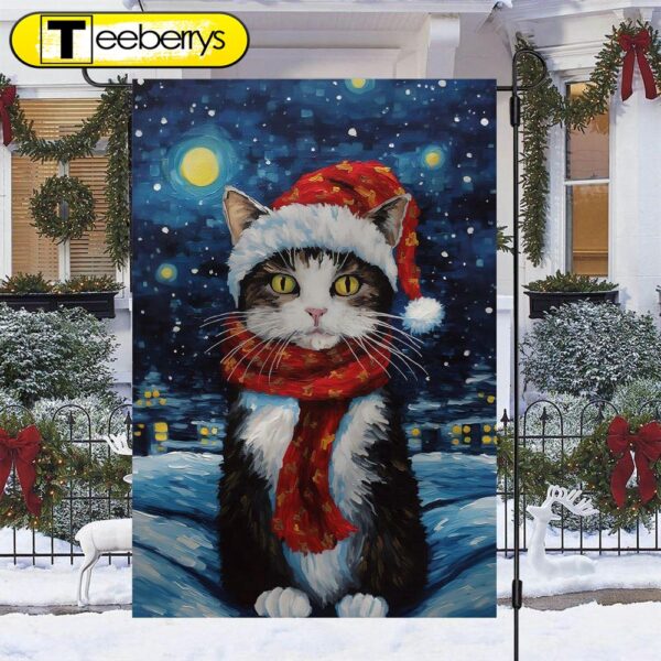 Cat Wearing Scarf On The Moon Christmas Garden Flag