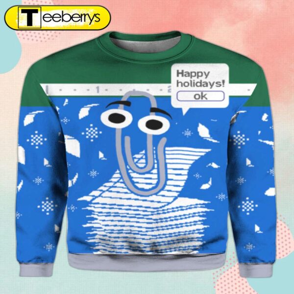 Cheerful Clippy Happy Holidays Christmas Sweater Festive and Fun