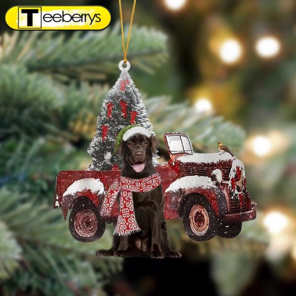 Chocolate Labrador Christmas Truck Two Sided Christmas Plastic Hanging Ornament