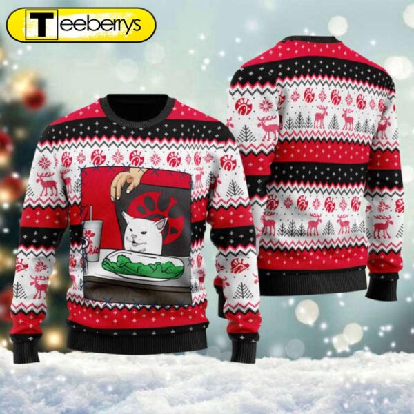 Christmas Ugly Sweater Chicken Fil A Cat Meme – Trendy & Fun Holiday Apparel