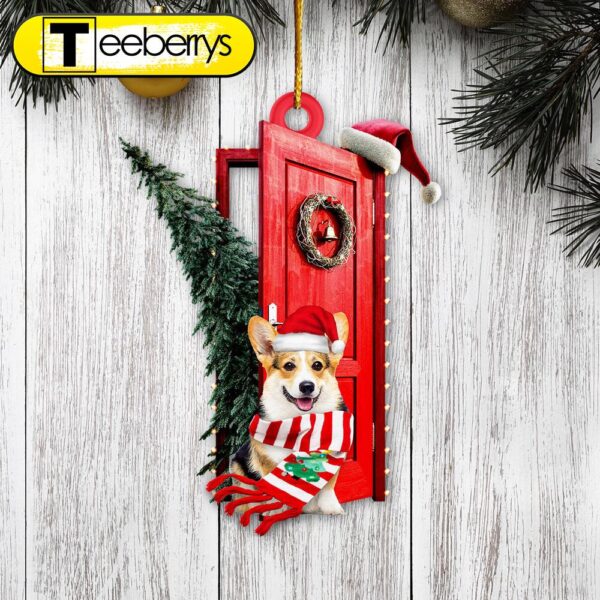 Corgi Sits By The Red Door Decorated With Christmas Tree Christmas Ornament