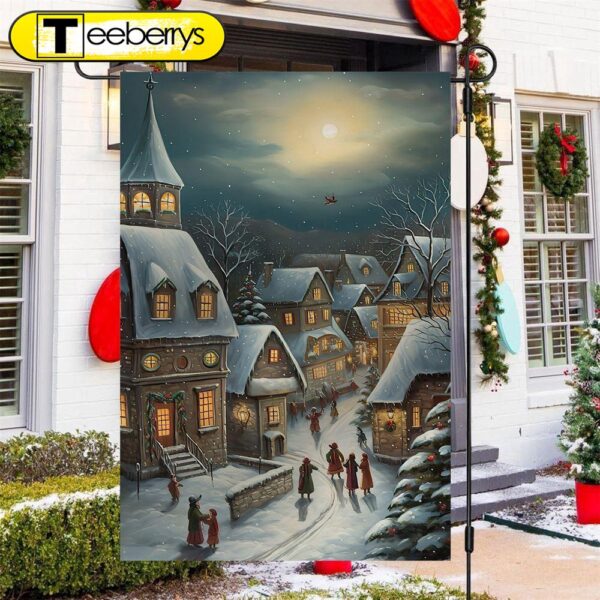 Country Village Scene Covered Snow Village Xmas Garden Flag