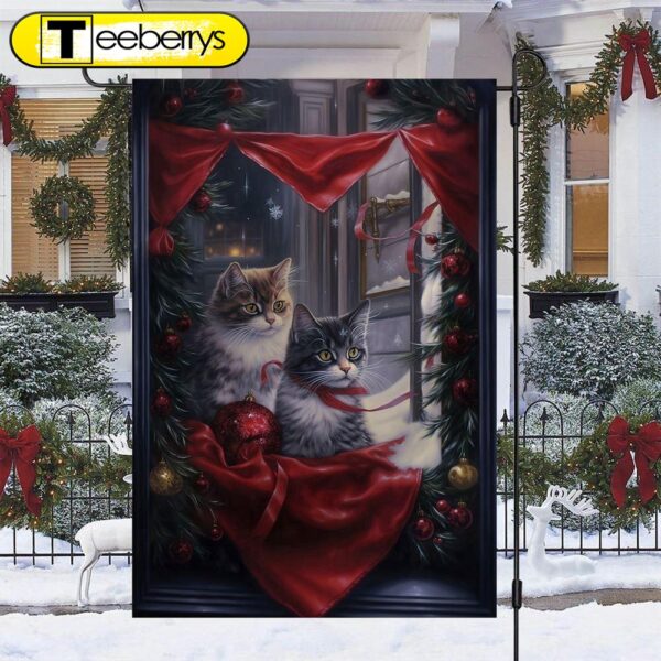 Couple Cats Look At The Window Christmas Garden Flag