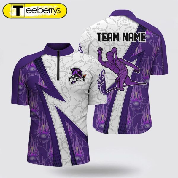 Custom Bowling Bowling Jersey Shirt  Purple Flame Camo Bowling Jersey 14 Zip Bowling Team Shirt