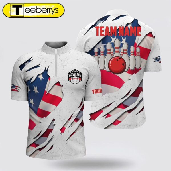 Custom Bowling Shirts  American Flag Patriotic Bowling Ball & Pins Men Bowling Jersey Shirt