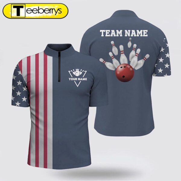 Custom Vintage Bowling Bowling Jersey Shirts  American Flag Patriotic Bowling Team Jerseys Blue