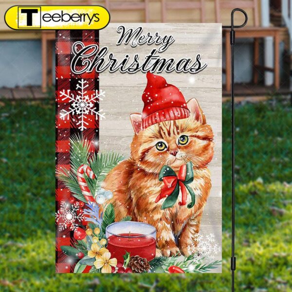 Cute Cat Green Leaf Snow Merry Christmas Garden FlagXmas, Garden Flags, Outdoor Xmas Flags