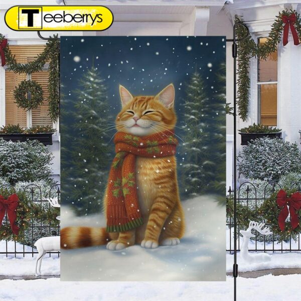 Cute Cat Wearing Scarf Alone Between The Forest Winter Christmas Flag