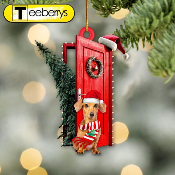 Dachshund Sits By The Red Door Decorated With Christmas Tree Christmas Ornament