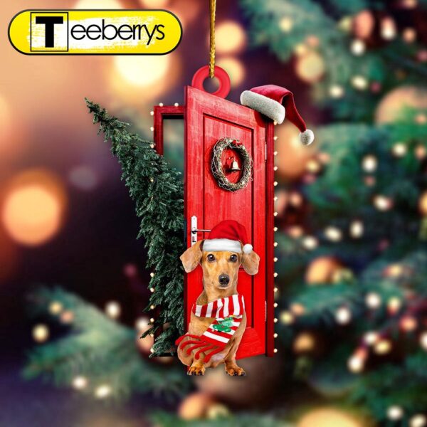 Dachshund Sits By The Red Door Decorated With Christmas Tree Christmas Ornament