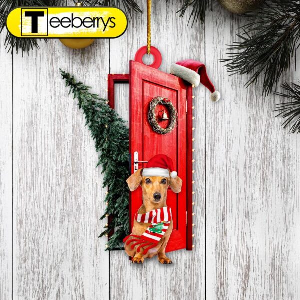 Dachshund Sits By The Red Door Decorated With Christmas Tree Christmas Ornament